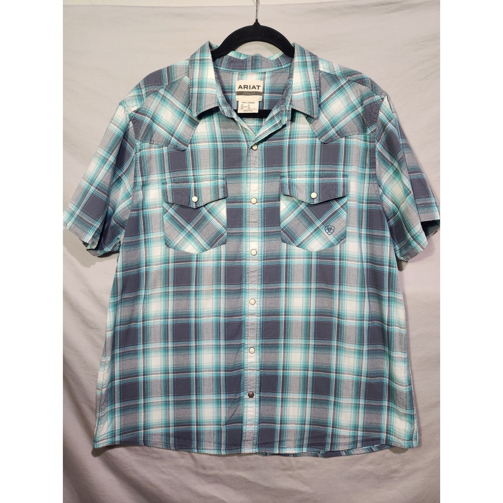 ARIAT XL Harrington Retro Fit Pearl Snap Button Up Blue‎ Gray Plaid Short Sleeve